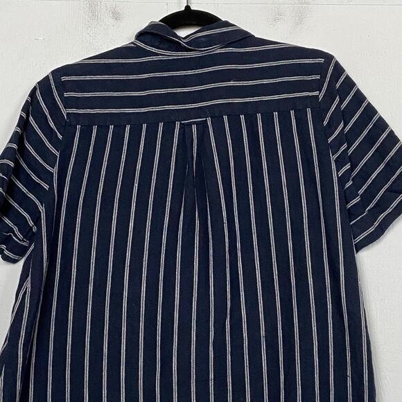 J. Jill Love Linen Navy Blue Striped Shift Dress Pockets Button Front Size Small - Picture 6 of 12